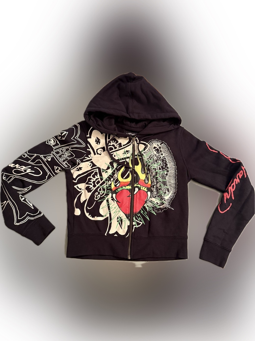 Rare Ed Hardy Sacred Heart Cropped Zip-Up Fleece Hoodie – Size Small